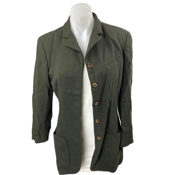 Anne Klein 100% Wool Green Pinstriped Long Sleeve Button Down Shirt Jacket Sz 6 - Picture 1 of 4